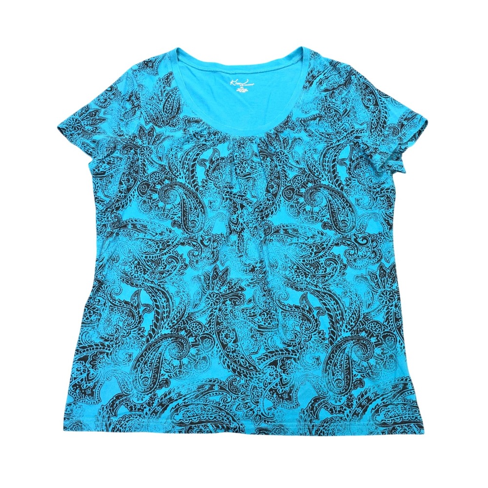 Kim Rogers Pleated Top Women's XL Turquoise Blue Black Paisley Cotton Scoop Neck
